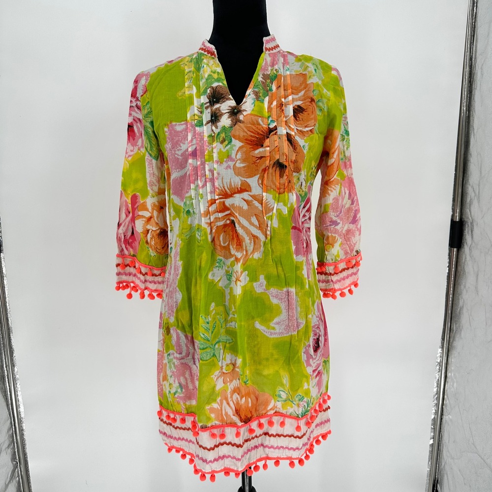 Pura Vida Bright Green Floral Tropical Cover Up Pom Pom Dress 3/4 Sleeve Small‎